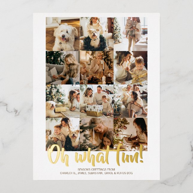 Oh What Fun 12 Photo Christmas  Foil Holiday Postcard (Front)