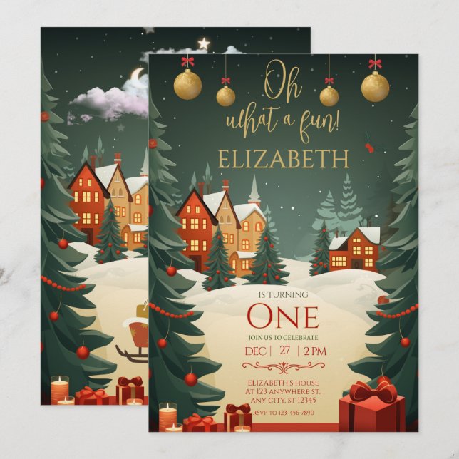 Oh What Fun 1st Birthday Christmas  Invitation (Front/Back)