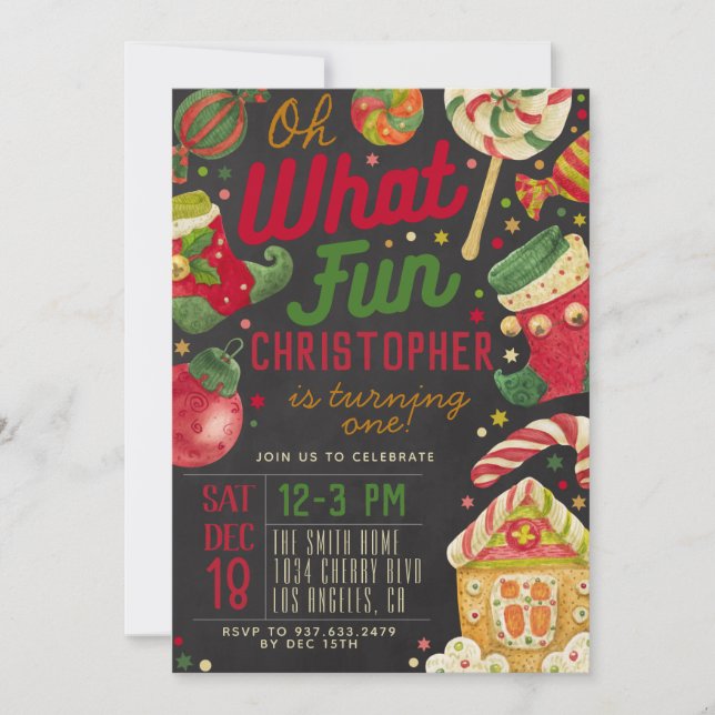 Oh What Fun 1st Birthday Christmas Invitation (Front)