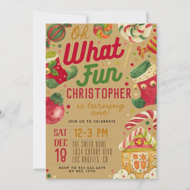 Oh What Fun 1st Birthday Christmas Invitation (Front)