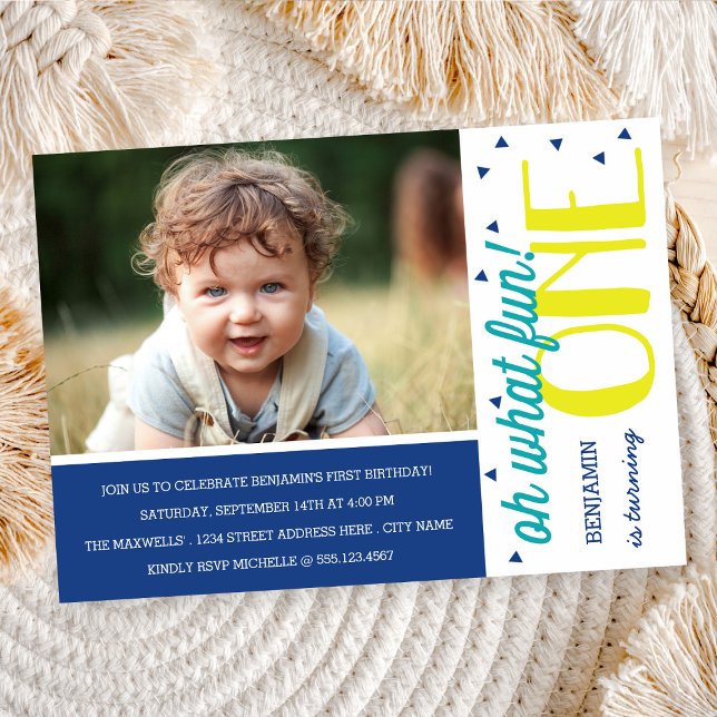 Oh What Fun 1st Birthday Photo Party Invite / Blue (Creator Uploaded)