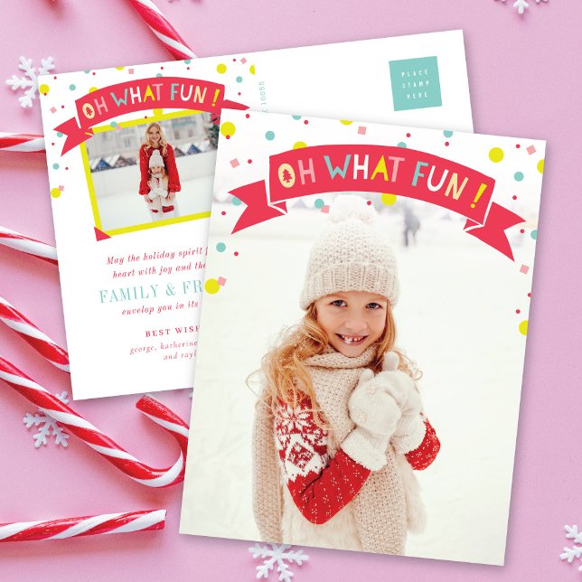 Oh What Fun Banner Colourful Confetti Dots Photo Holiday Postcard (Creator Uploaded)