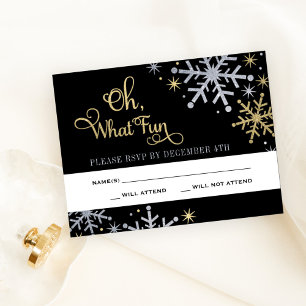 Oh What Fun Black Silver Gold Snowflake RSVP Card