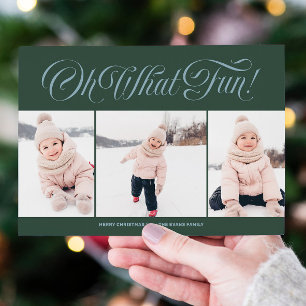 Oh what fun blue green three photo Christmas Holiday Card