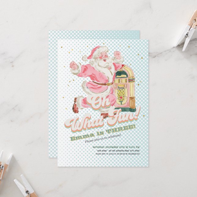 Oh What Fun-Blue Retro Santa Themed Girl Birthday Invitation (Front/Back In Situ)
