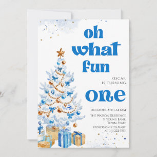 Oh what fun Blue tree christmas birthday Invitation