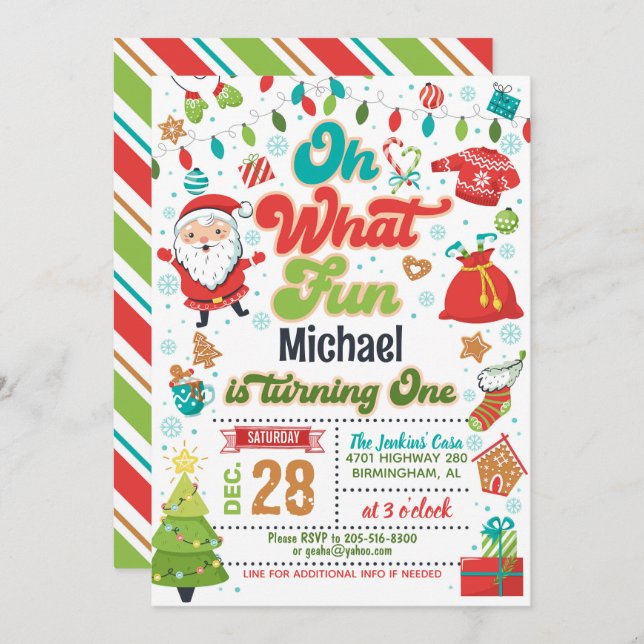 Oh What Fun Christmas 1st Birthday (Boy) Invitation (Front/Back)