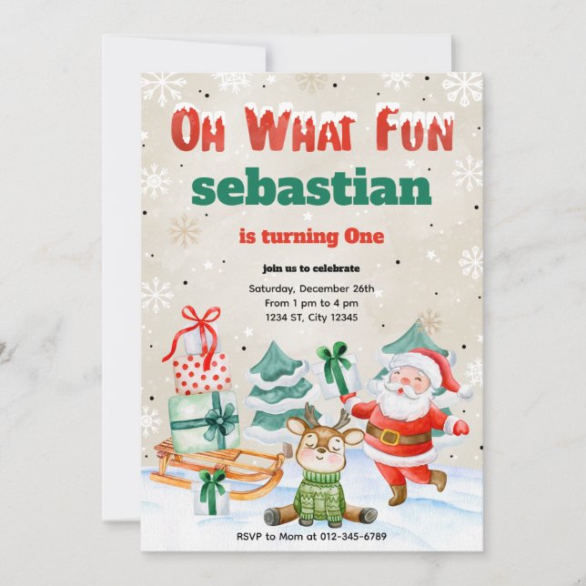 Oh What Fun Christmas Birthday Party Invitation (Front)
