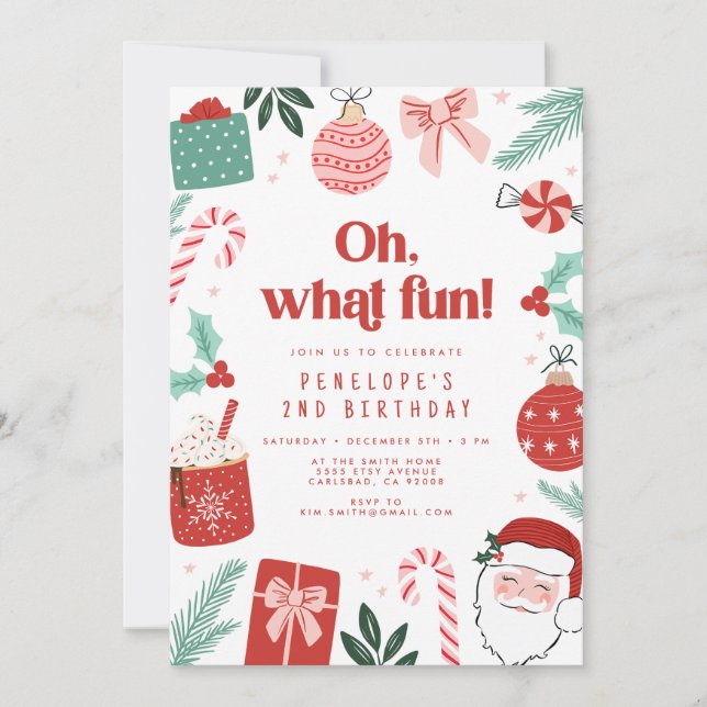 Oh What Fun Christmas Birthday Party Invitation (Front)
