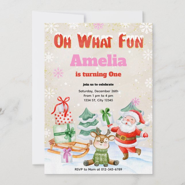 Oh What Fun Christmas Birthday Party Invitation (Front)