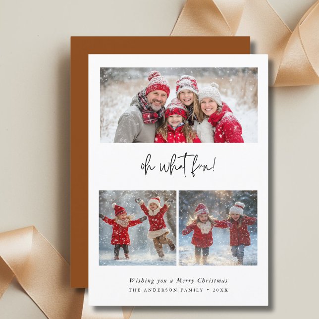 Oh What Fun Christmas Family Baby Photo Brown Holiday Card (Creator Uploaded)