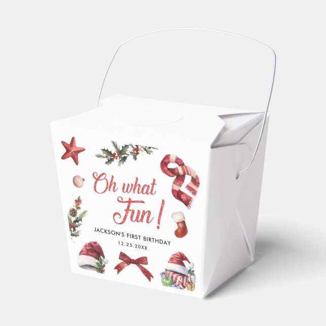 Oh What Fun Christmas First Birthday Party Favor Box (Front Side)
