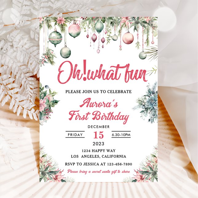 Oh What Fun Christmas Floral Birthday Party Invitation (Creator Uploaded)