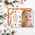 Oh What Fun Christmas Holiday 1st Birthday Invitation<br><div class="desc">This cute "oh what fun" 1st/first birthday photo invitation features a cream background with Santa Claus,  a snowman,  nutcracker,  angel,  trumpet,  drum,  and holiday ornaments. The reverse side features a red background with ornament patterns. Personalize it for your needs. You can find matching products at my store.</div>
