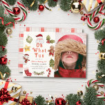 Oh What Fun Christmas Holiday Santa Birthday Photo Invitation<br><div class="desc">This cute "oh what fun" kid's birthday photo invitation features a cream background with Santa Claus, hollies, a gingerbread man, star, snowman, christmas tree, candy cane, and stocking in watercolor. The reverse side features a white background with check pattern in red. Personalize it for your needs. You can find matching...</div>