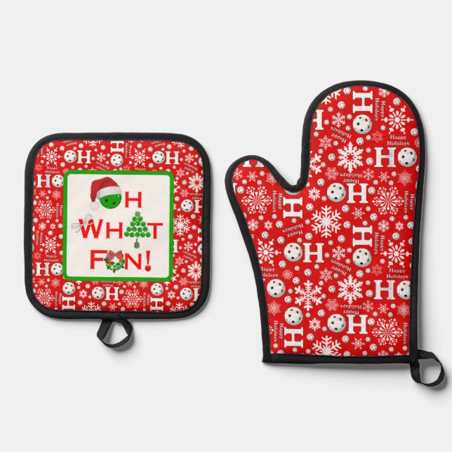 Oh What Fun Christmas Pickleball Ho Ho Ho Red Oven Mitt & Pot Holder Set (Front)