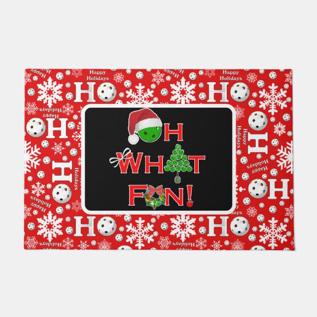 Oh What Fun Christmas Pickleball Snowballs Red Doormat (Front)