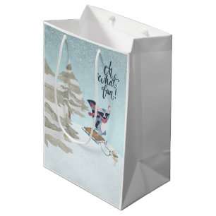 Oh What Fun Christmas Raccoon and Rabbit Sledding Medium Gift Bag