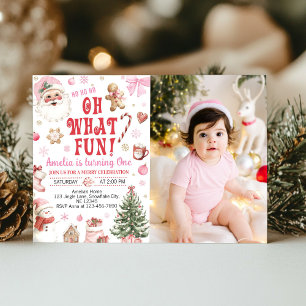Oh What Fun Christmas Retro Santa Birthday Photo Invitation
