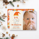 Oh What Fun Christmas Santa 1st Birthday Photo Invitation<br><div class="desc">This cute "oh what fun" Christmas holiday 1st/first birthday photo invitation features a Santa's face/head with colourful christmas holiday lights on a cream background. The reverse side features a red background with holiday ornament pattern in red. Personalize it for your needs. You can find matching products at my store.</div>