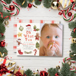 Oh What Fun Christmas Santa Photo 1st Birthday Invitation<br><div class="desc">This cute "oh what fun" 1st/first birthday photo invitation features a cream background with Santa Claus, hollies, a gingerbread man, star, snowman, christmas tree, candy cane, and stocking in watercolor. The reverse side features a white background with check pattern in red. Personalize it for your needs. You can find matching...</div>