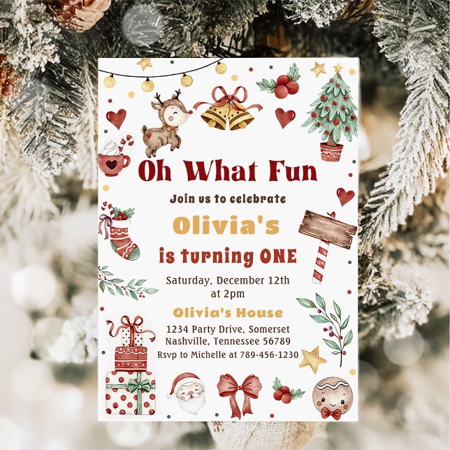 Oh What Fun Christmas Santa Reindeer Birthday  Invitation (Creator Uploaded)