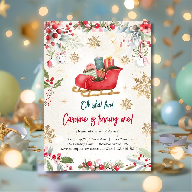 Oh what fun christmas sleigh kids birthday invitation (Creator Uploaded)