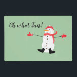 Oh what Fun Christmas Snowman Sage Green Laminated Place Mat<br><div class="desc">This is a sweet naive art design featuring a cute cartoon snowman in a red hat,  scarf and mittens. The text says: Oh What Fun!  All on a classy sage green background. The text can be customized to fit your needs.</div>