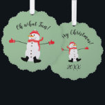 Oh what Fun Christmas Snowman Sage Green Ornament Card<br><div class="desc">This is a sweet naive art design featuring a cute cartoon snowman in a red hat, scarf and mittens. The text says: Oh What Fun! All on a classy sage green background. The text can be customized to fit your needs or you can just add the year and you are...</div>