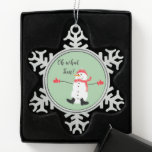 Oh what Fun Christmas Snowman Sage Green Snowflake Pewter Christmas Ornament<br><div class="desc">A cute minimal Christmas design that features a naive digital painting of a snowman wearing matching red hat,  scarf and mittens on a sage green background with the text: Oh What Fun! You can customize the text to fit your needs.</div>