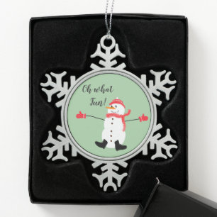 Oh what Fun Christmas Snowman Sage Green Snowflake Pewter Christmas Ornament