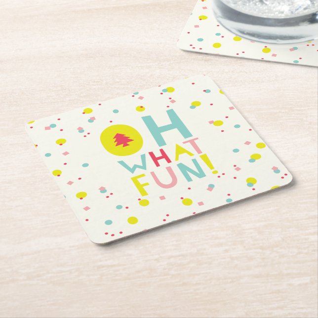 Oh What Fun Christmas Tree Colourful Confetti Dots Square Paper Coaster (Angled)