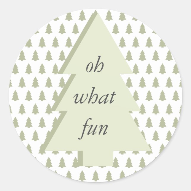 Oh What Fun Christmas Tree Pattern Sage Green Classic Round Sticker (Front)