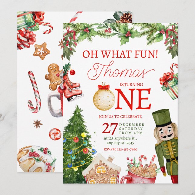 Oh What Fun Christmas Winter First Birthday Invitation (Front/Back)