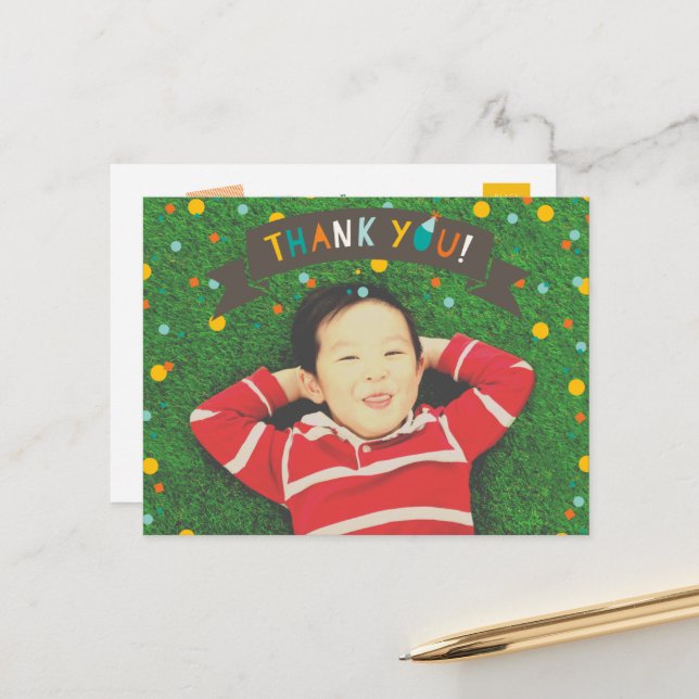 Oh What Fun Confetti Boy Birthday Thank You Photo Postcard (Front/Back In Situ)
