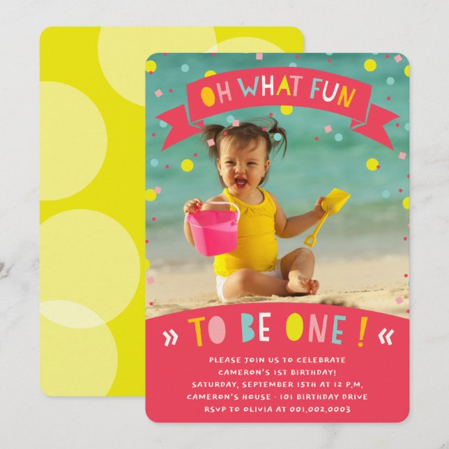 Oh What Fun Confetti First Birthday Party Invite (Front/Back)