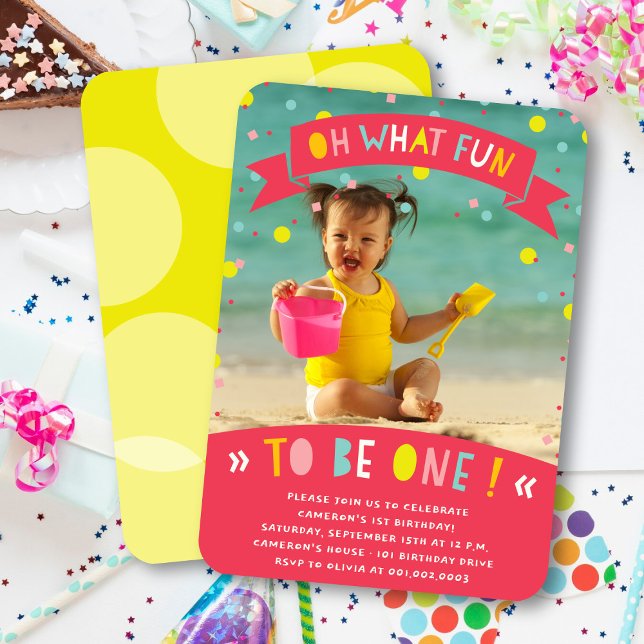 Oh What Fun Confetti First Birthday Party Invite (Oh What Fun To Be One Colorful Confetti Girl 1st Birthday Party Photo Invitation @ fatfatin)