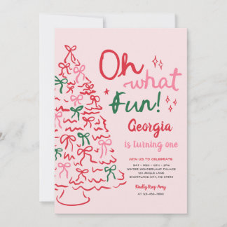 Oh What Fun Coquette Bow Christmas Tree Birthday Invitation