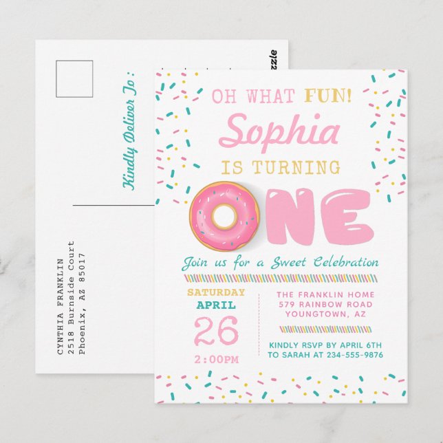Oh What Fun Doughnut First Birthday Party Postcard (Front/Back)