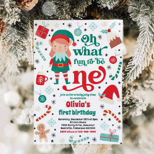 Oh What Fun Elf Christmas 1st Birthday Party Invitation
