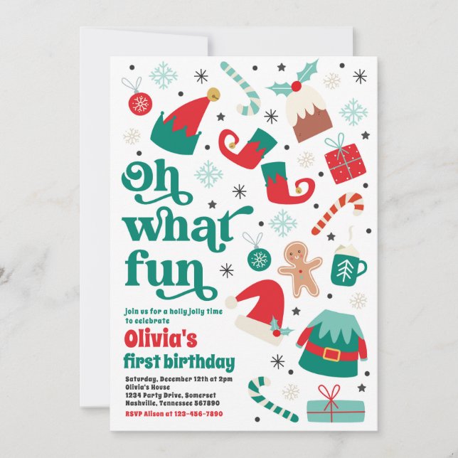 Oh What Fun Elf Christmas Birthday Party Invitation (Front)