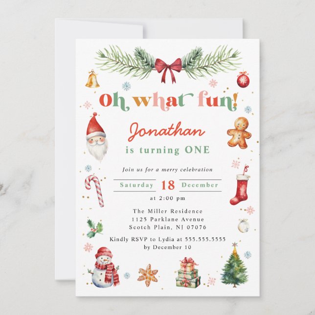 Oh What Fun First Christmas Birthday Party Any Age Invitation (Front)