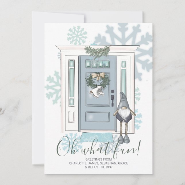 Oh What Fun Front Door And Elf Christmas Holiday Card (Front)