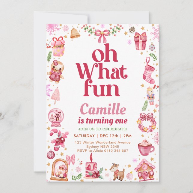 Oh what fun girl christmas birthday invitation (Front)