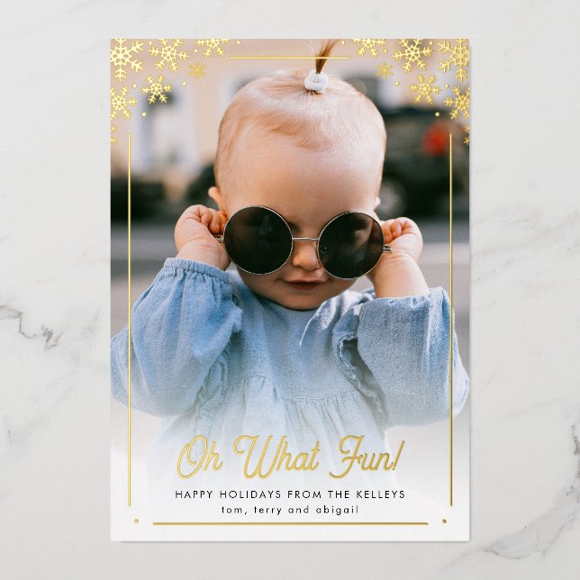 Oh What Fun Gold Snowflake Vertical Photo Foil Holiday Card (Front)