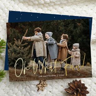Oh What Fun Handwritten Script Navy Photo Foil Holiday Card
