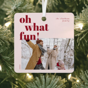 Oh What Fun Happy Holidays Candy Cane Photo Metal Ornament