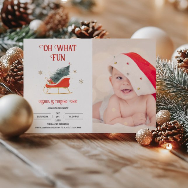 Oh What Fun Holiday 1st Birthday Photo Invitation (Creator Uploaded)