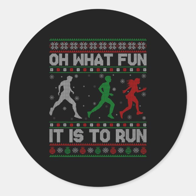 Oh What Fun Is It To Run Ugly Christmas Sweater Ru Classic Round Sticker (Front)