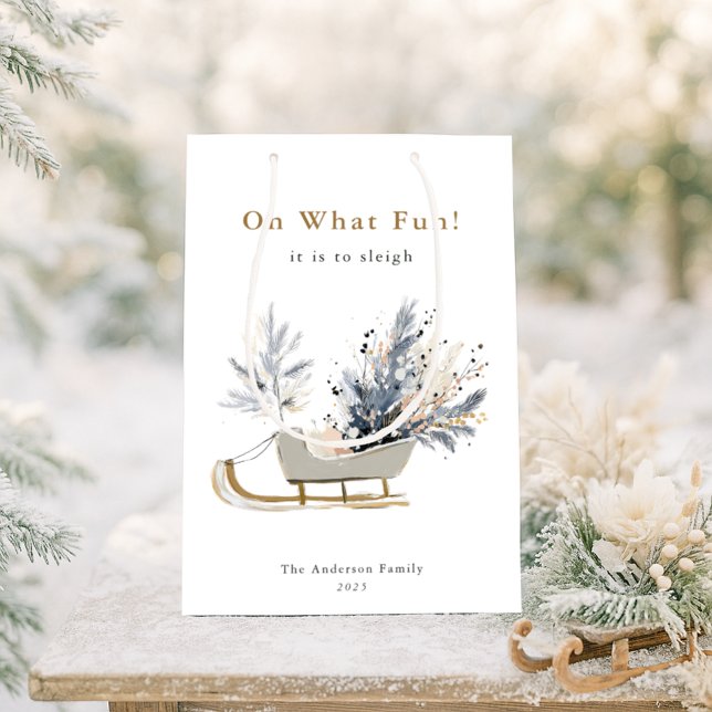 Oh What Fun Modern Winter Sleigh Floral Christmas Medium Gift Bag (Creator Uploaded)